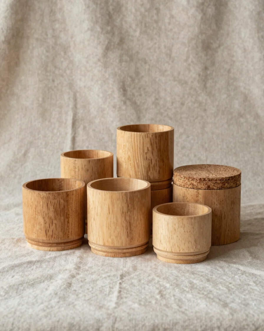 Editorial product photograph of a set of wooden containers and a cork-lidded box on a neutral linen backdrop, soft natur